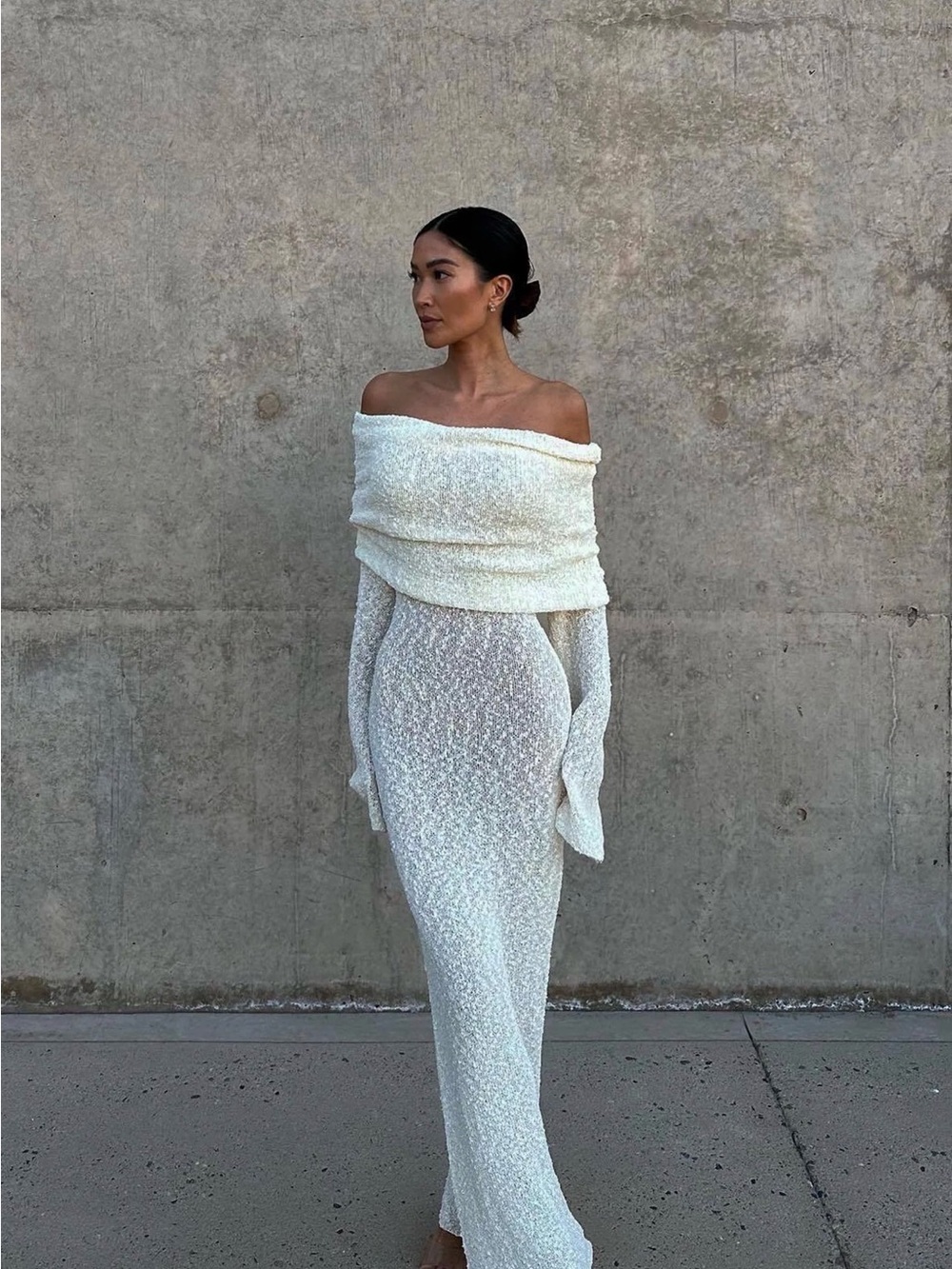 Meshki Ivory Off-Shoulder Bouclé Maxi Dress